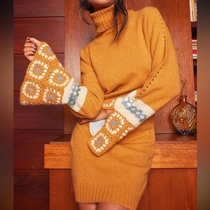 70’s Patchwork Knitted Turtleneck Mini Sweater Dress